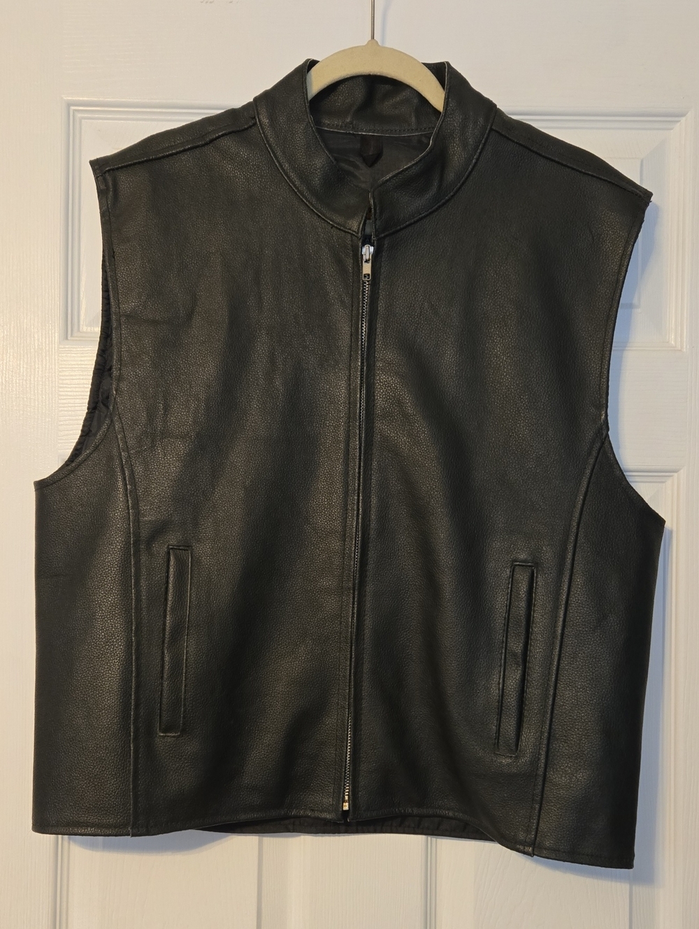 Men's Black Leather Zip-Front Vest with Stand Collar